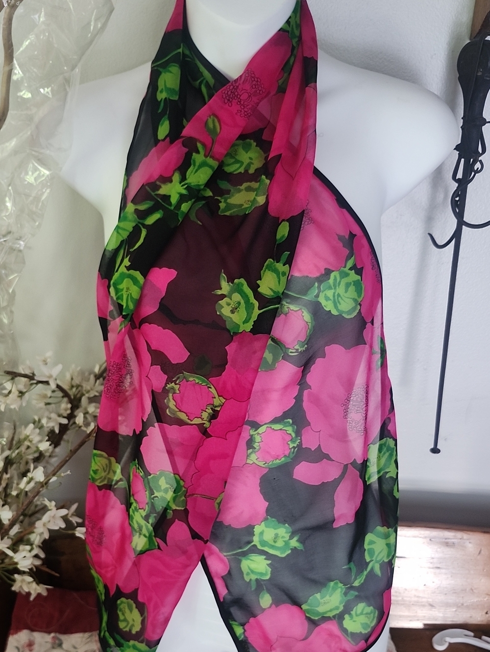 Vtg Bernie Of New York Floral Black, Pink  & Green Silk Scarf